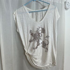 Express Gray Sequin Ruched Short Sleeve Tee